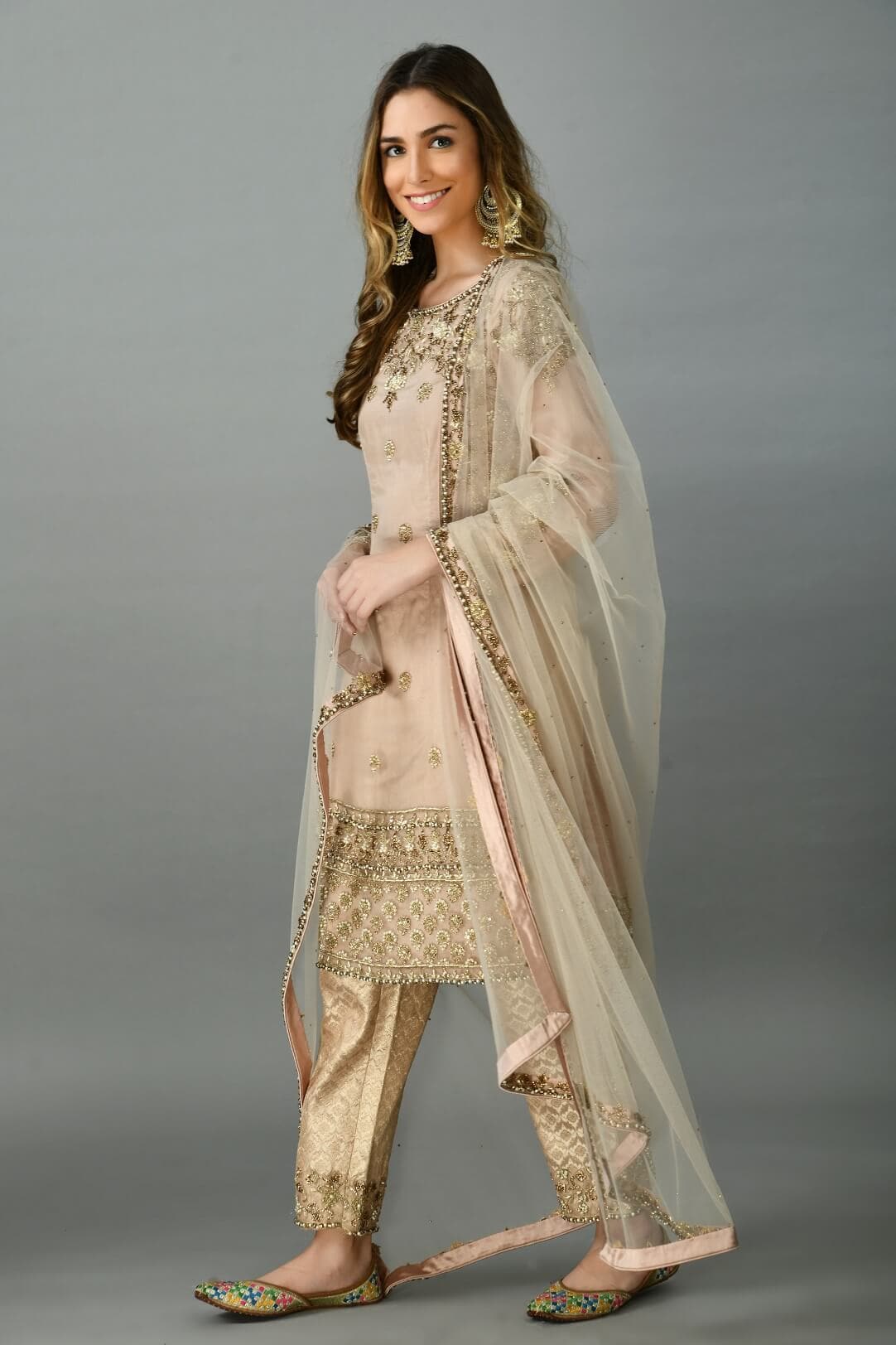 Peach Organza Zardozi Suit