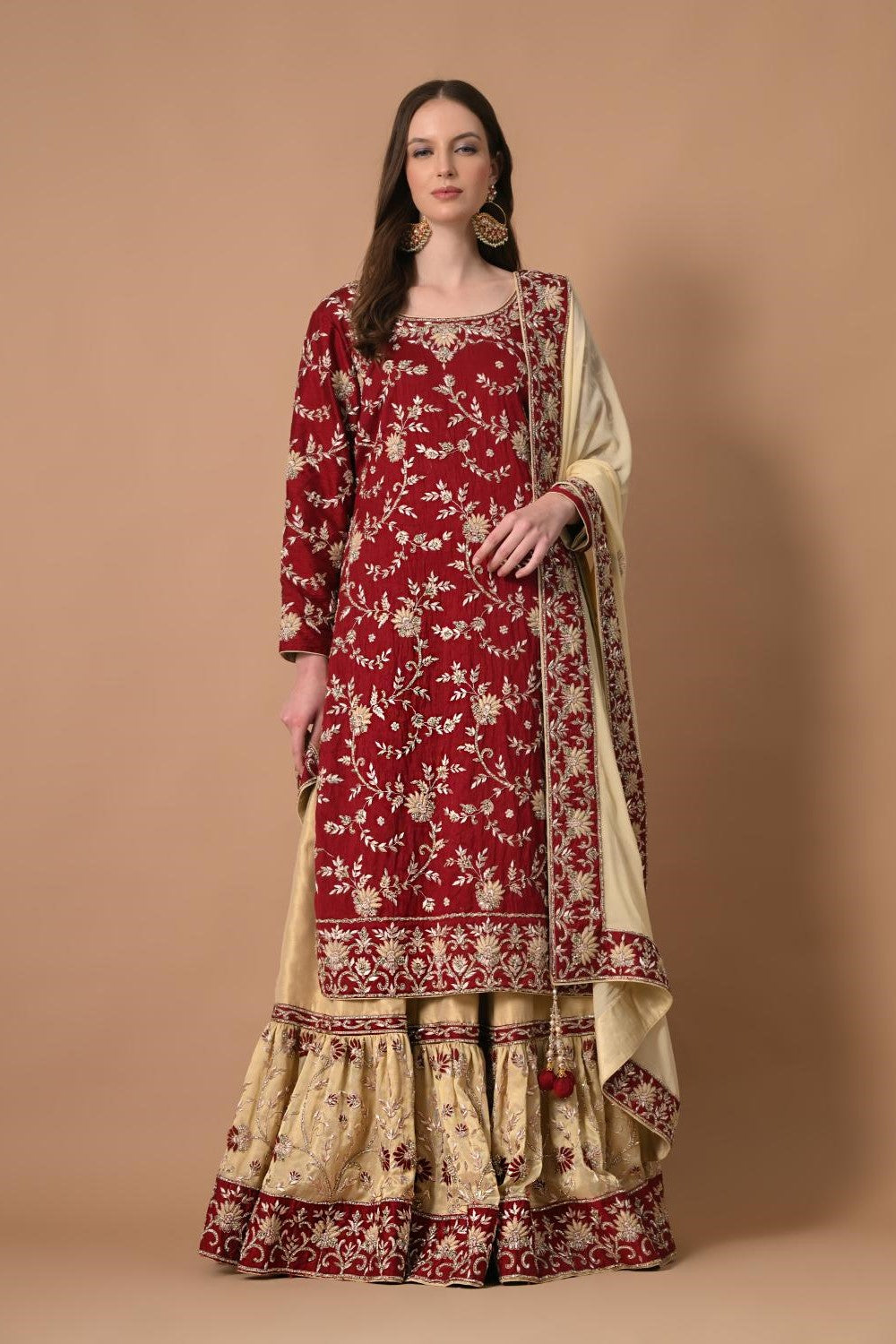 Maroon Ivory Farshi Kameez Dupatta
