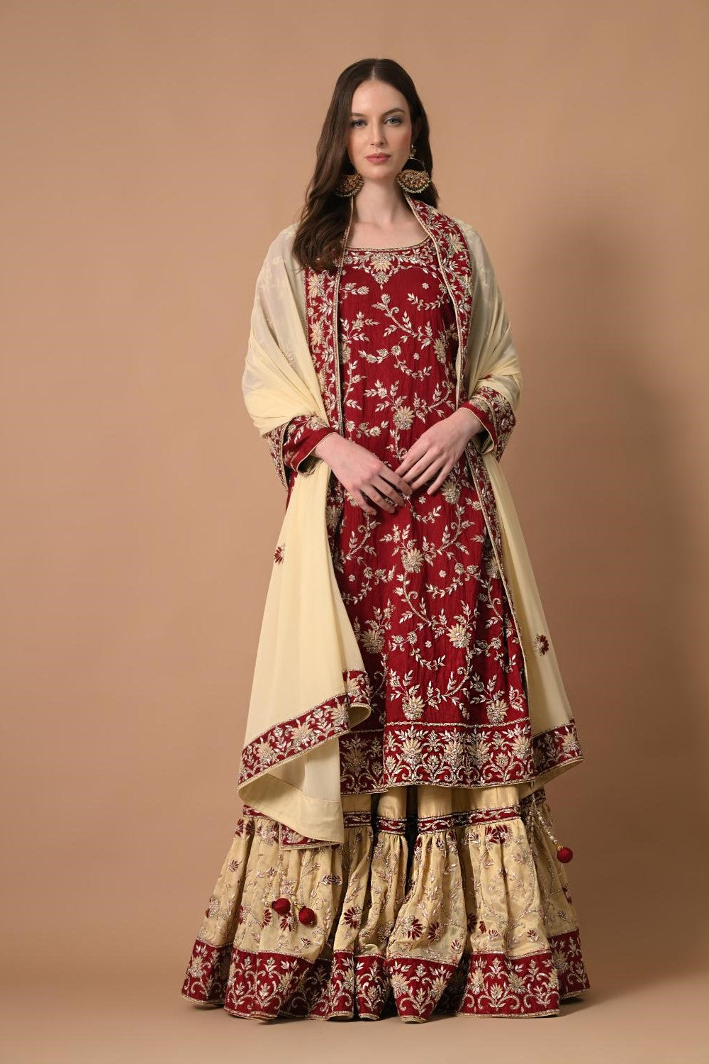 Maroon Ivory Farshi Kameez Dupatta