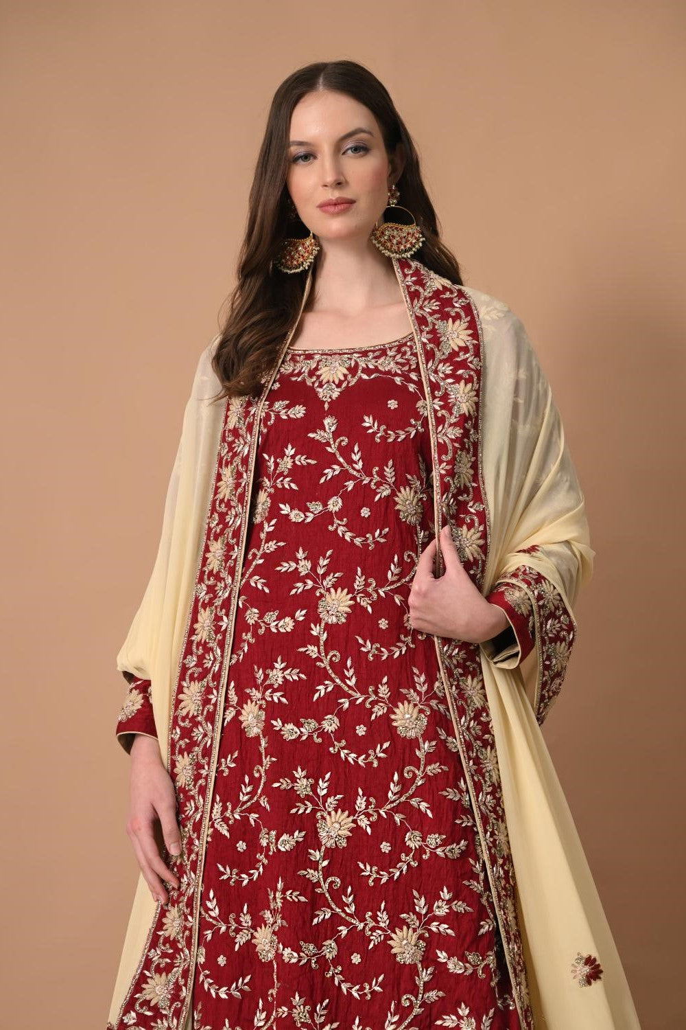 Maroon Ivory Farshi Kameez Dupatta