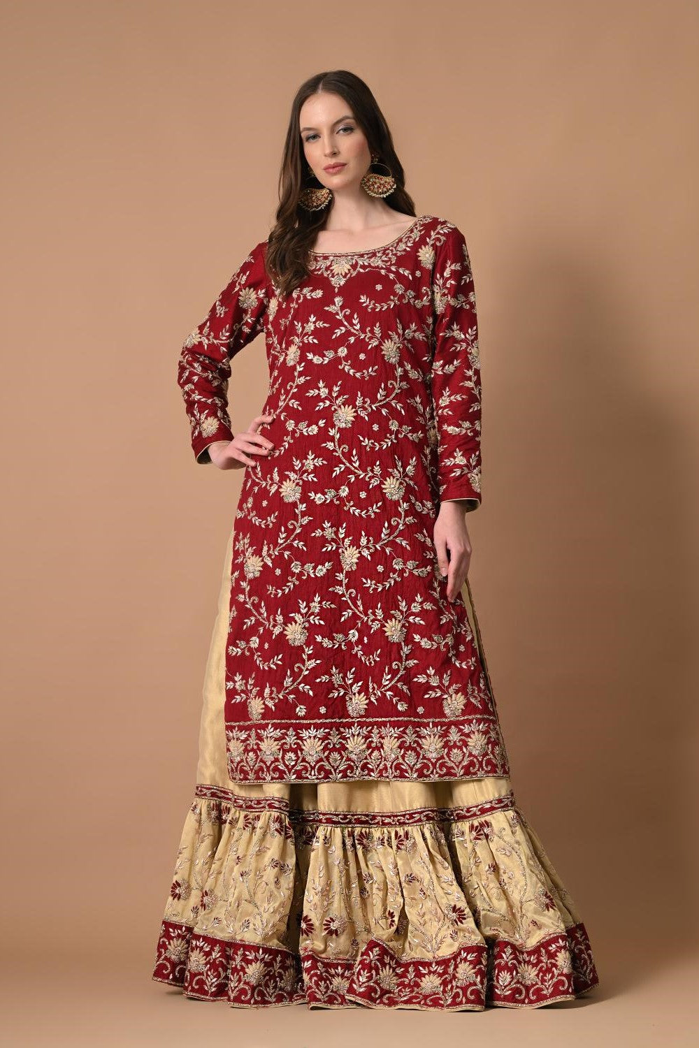 Ivory Maroon Farshi Kameez Dupatta