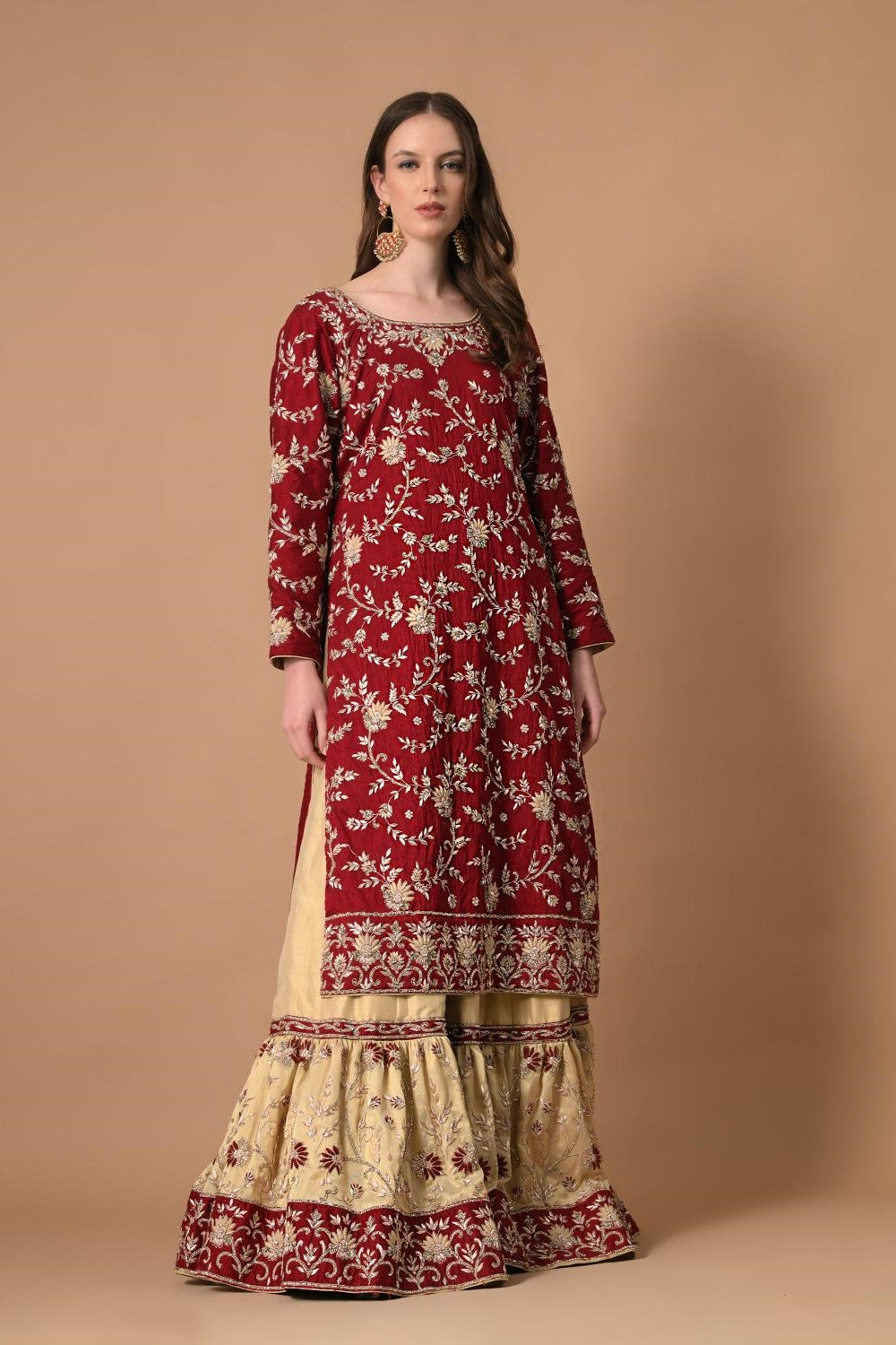 Ivory Maroon Farshi Kameez Dupatta