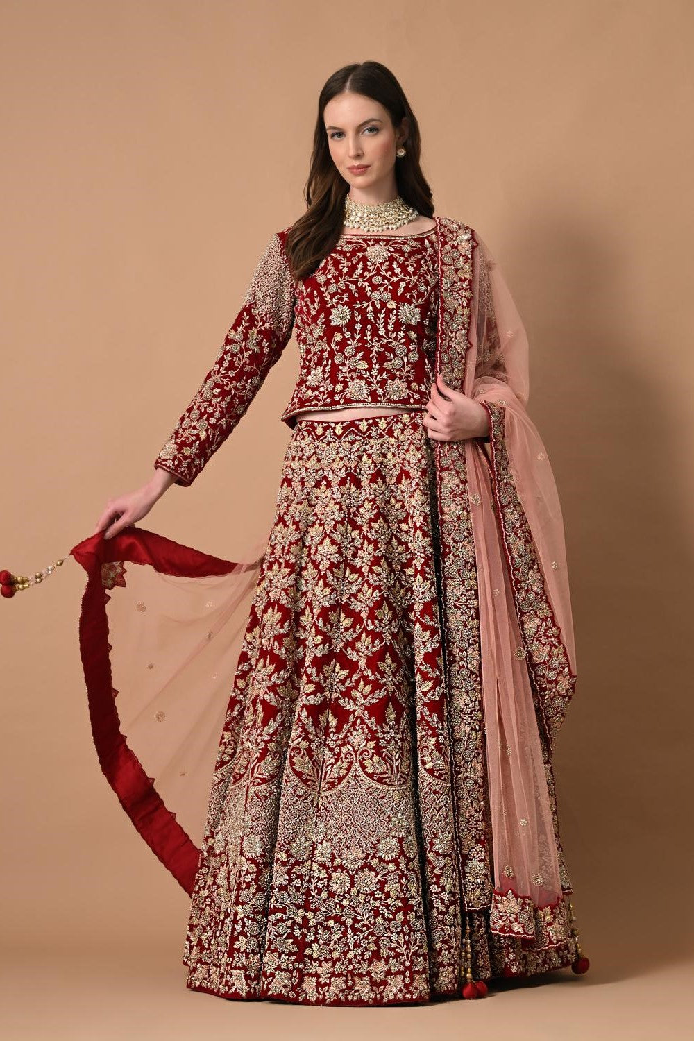 Cherry Red Lehenga Blouse with Dupatta