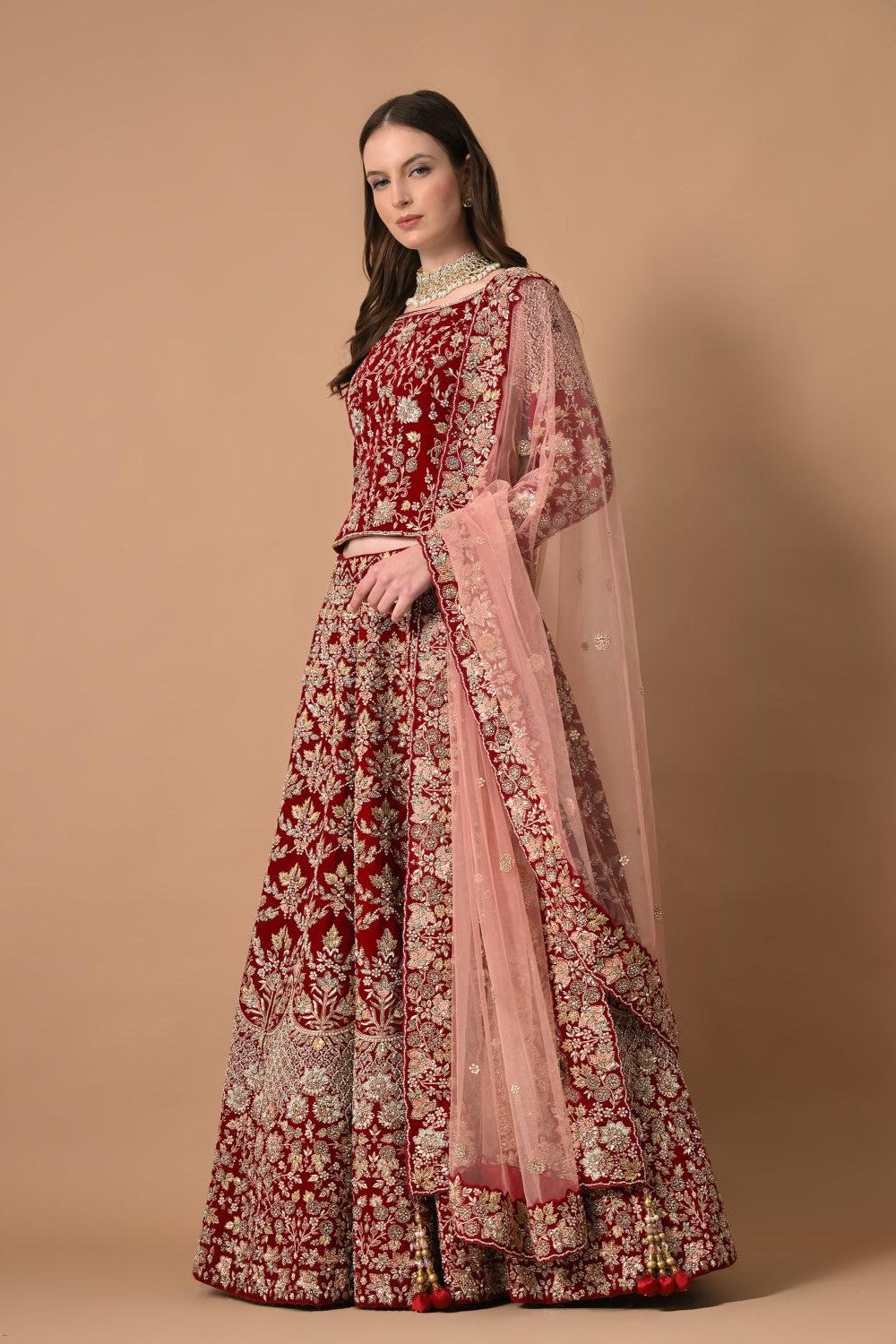 Cherry Red Lehenga Blouse with Dupatta
