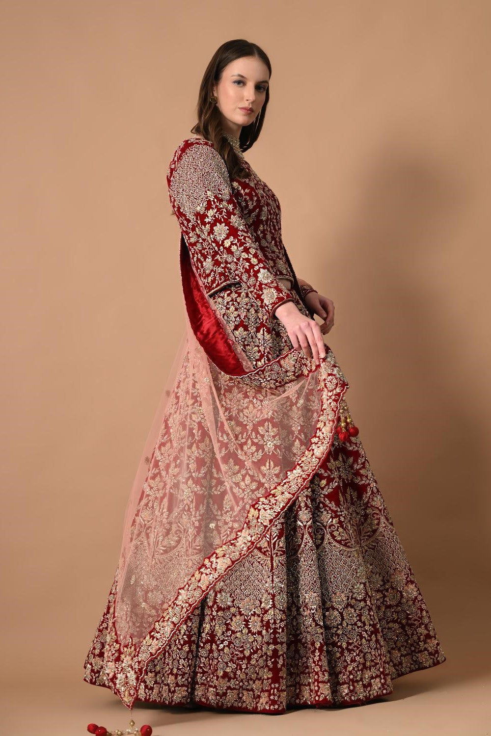 Cherry Red Lehenga Blouse with Dupatta