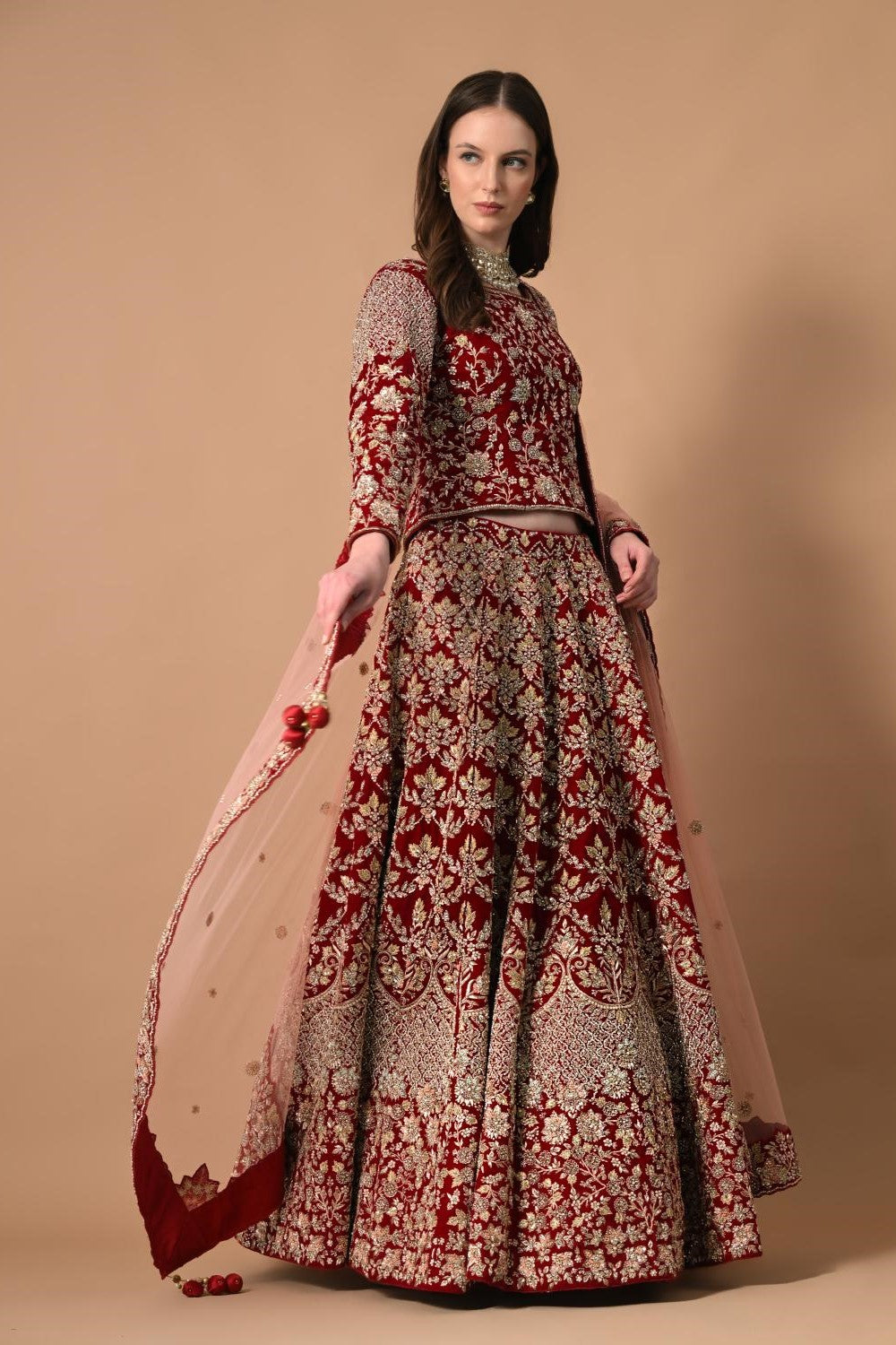 Cherry Red Lehenga Blouse with Dupatta