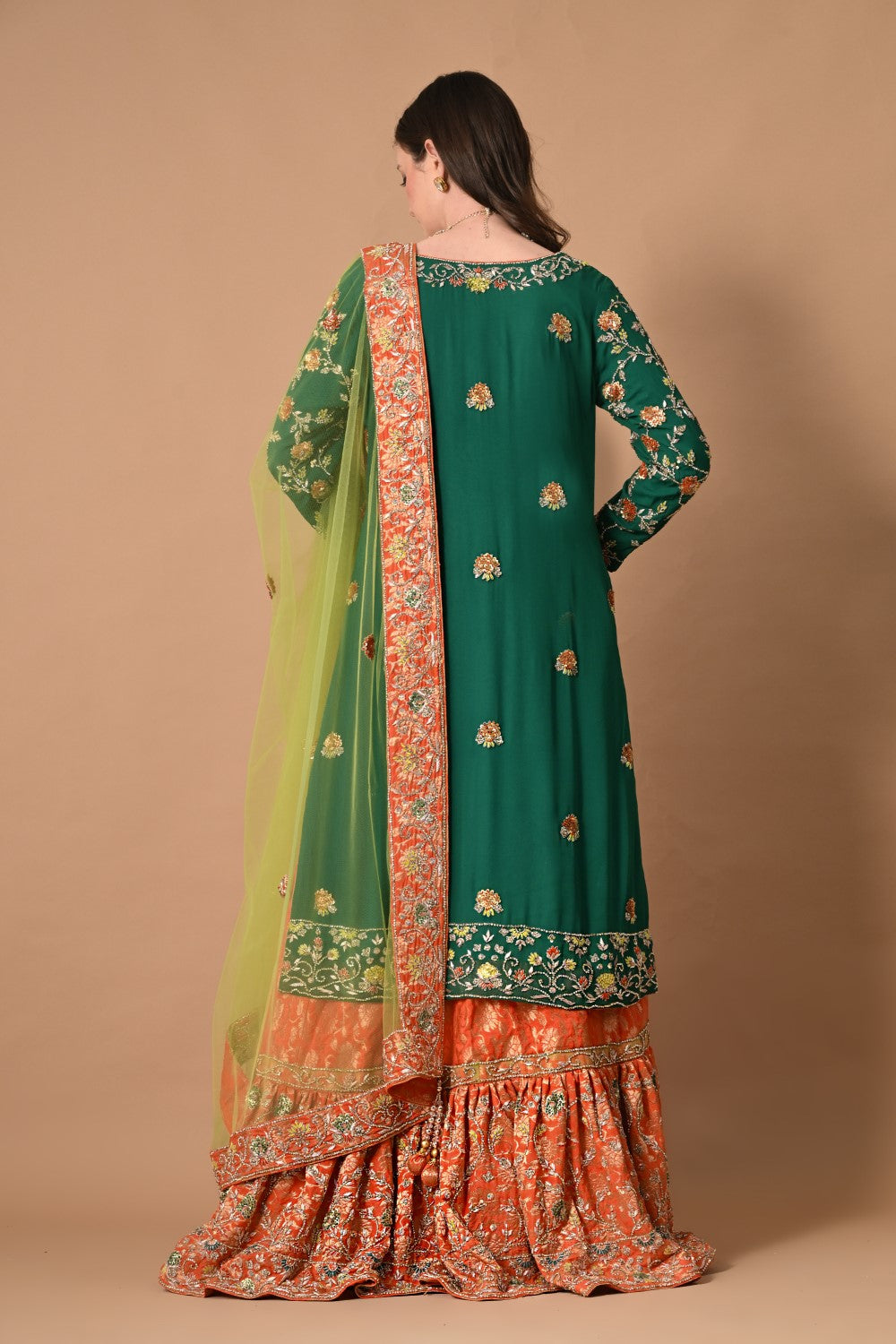 Green Orange Farshi Lehenga with Kameez Dupatta