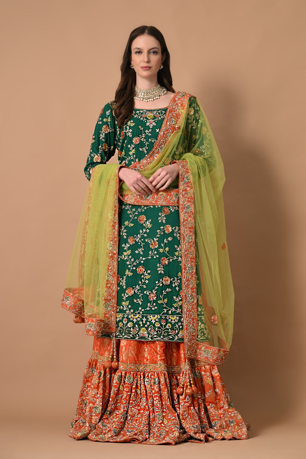 Green Orange Farshi Lehenga with Kameez Dupatta