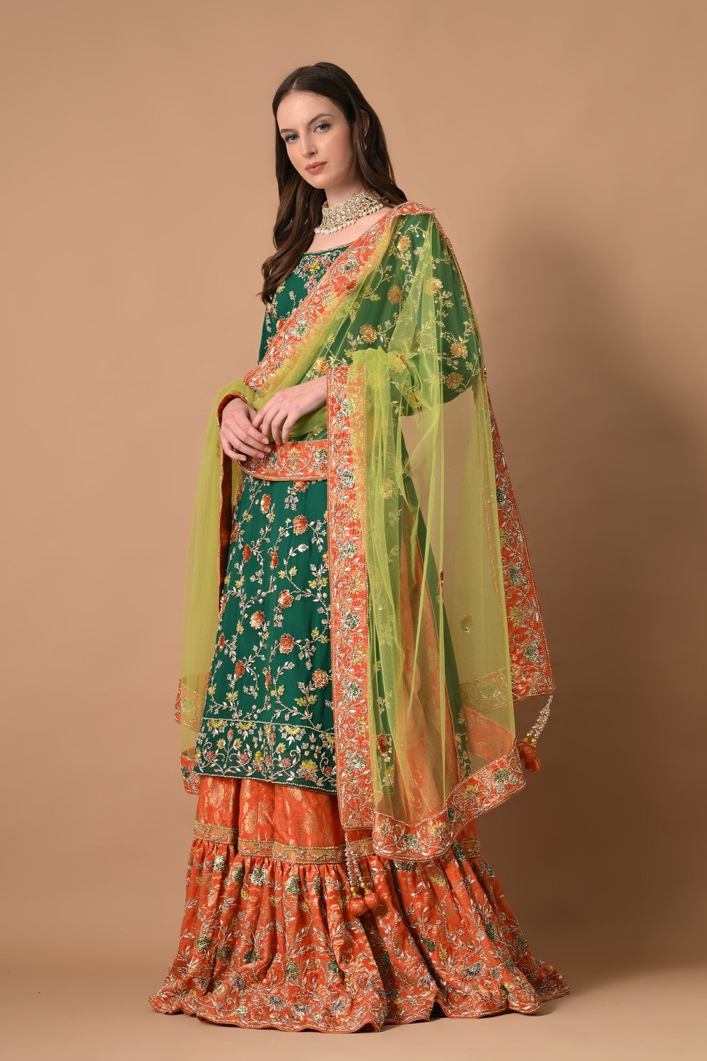 Green Orange Farshi Lehenga with Kameez Dupatta
