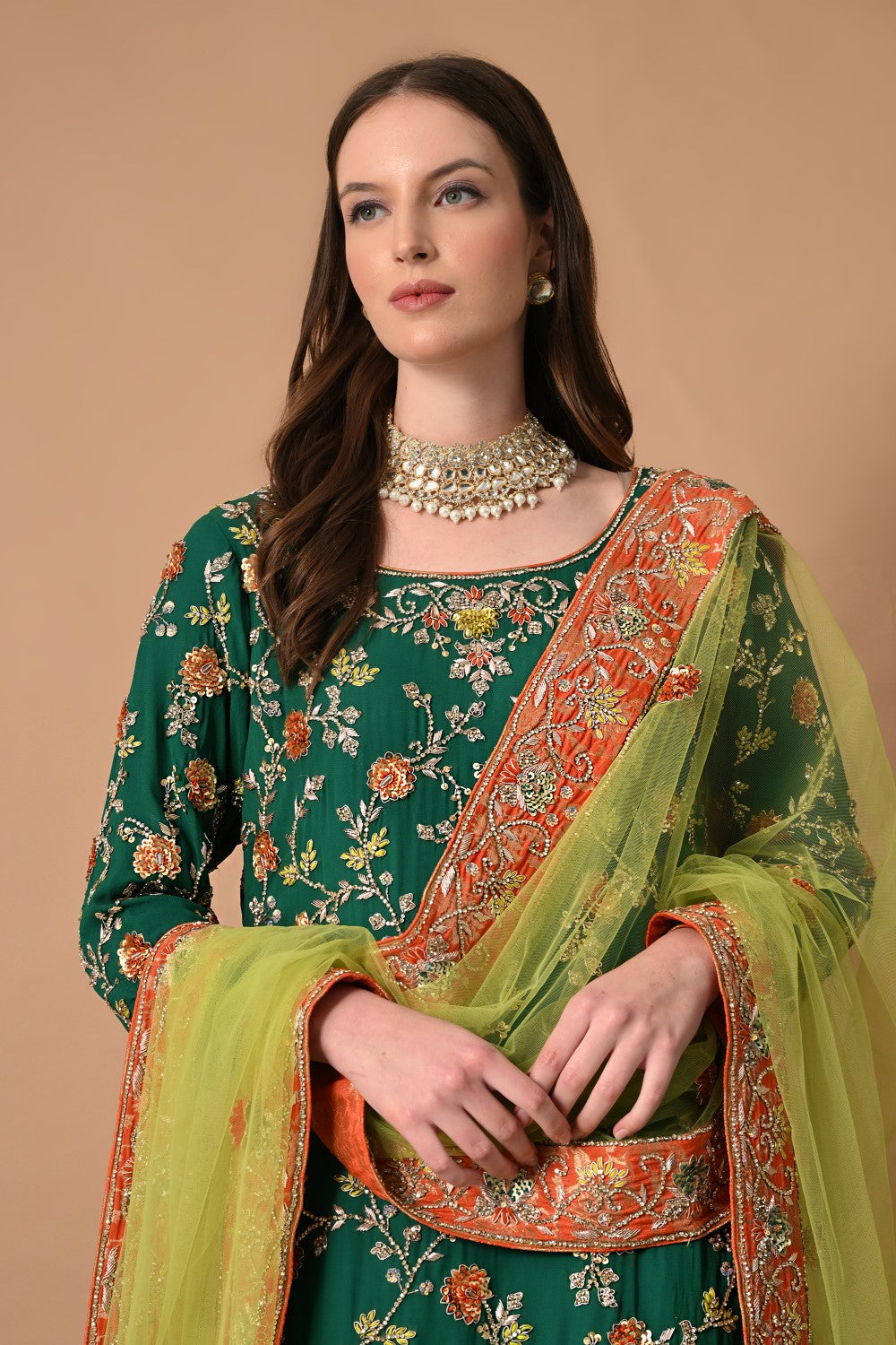 Green Orange Farshi Lehenga with Kameez Dupatta