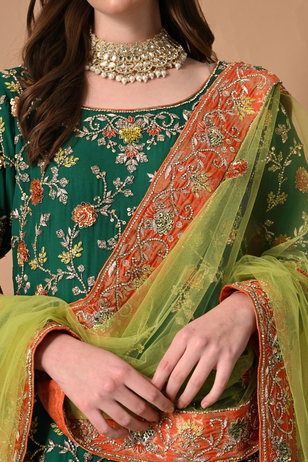 Green Orange Farshi Lehenga with Kameez Dupatta