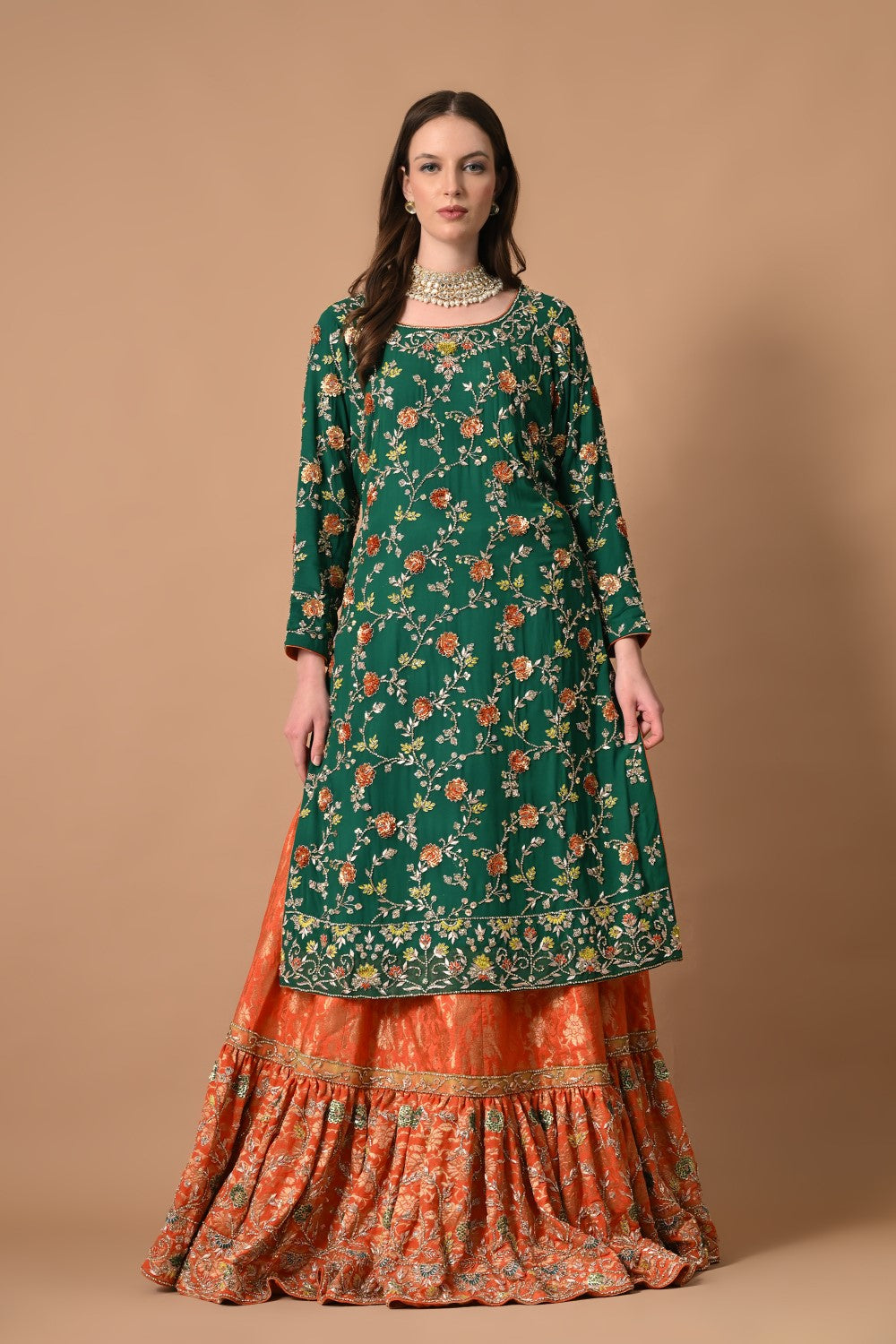 Green Orange Farshi Lehenga with Kameez Dupatta