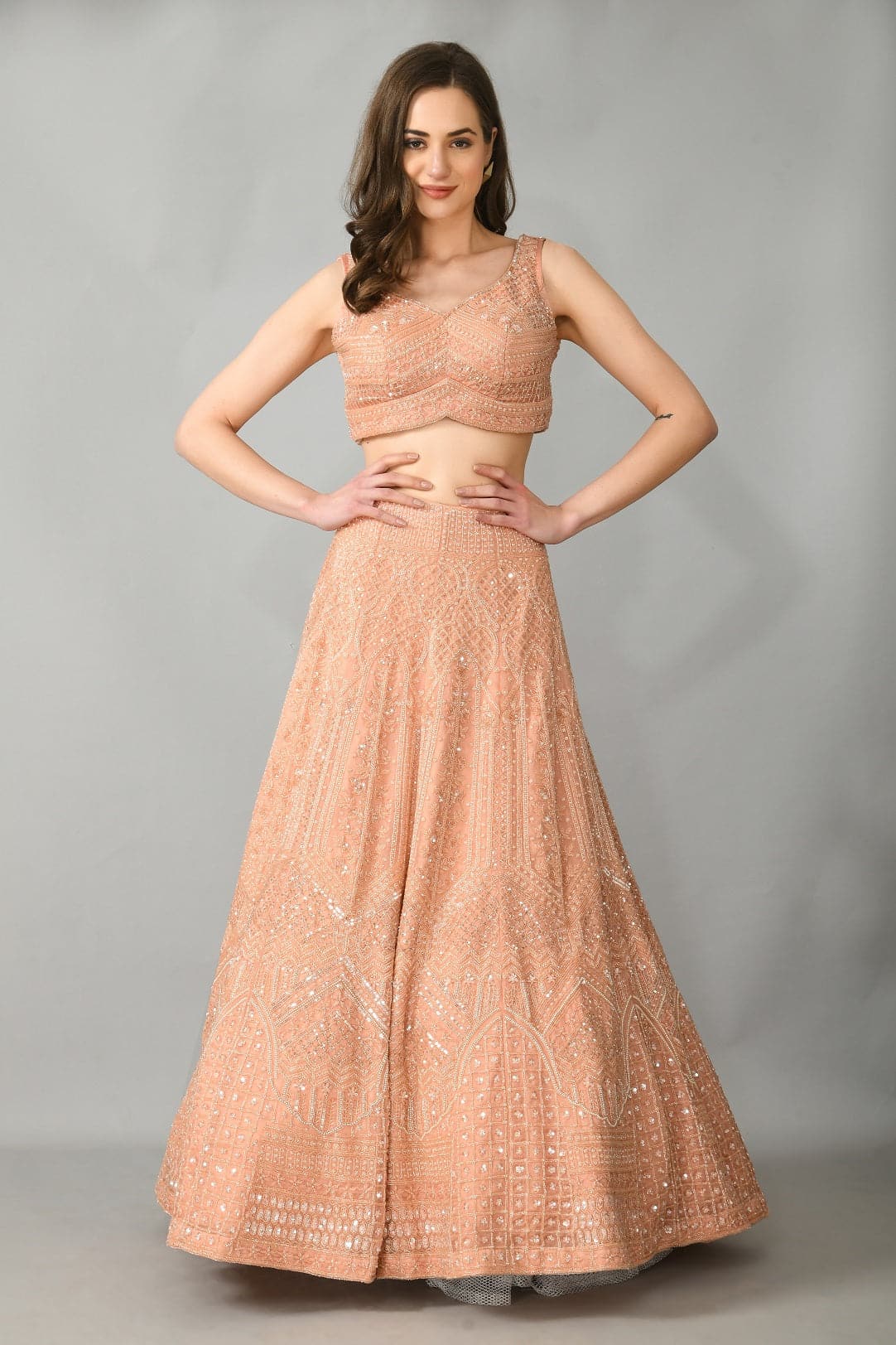 Peach organza lehenga