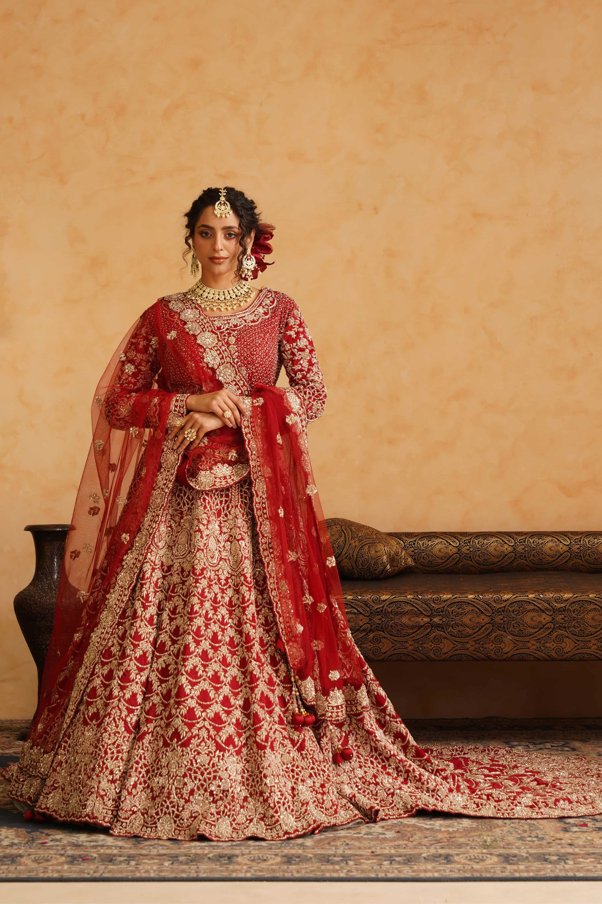 Red Lehanga Trail Blouse With Dupatta