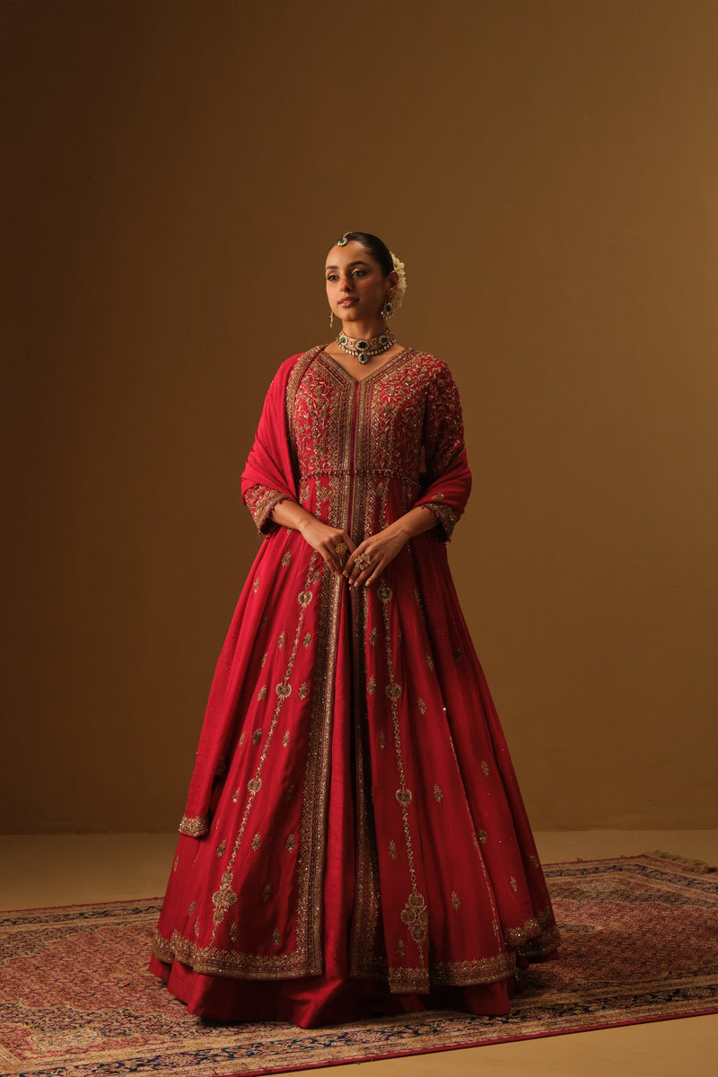 Red Front slit jacket with lehanga