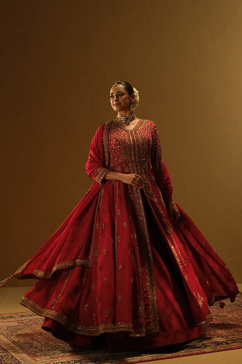 Red Front slit jacket with lehanga