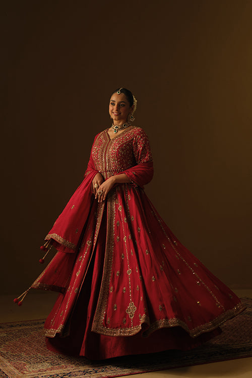 Red Front slit jacket with lehanga