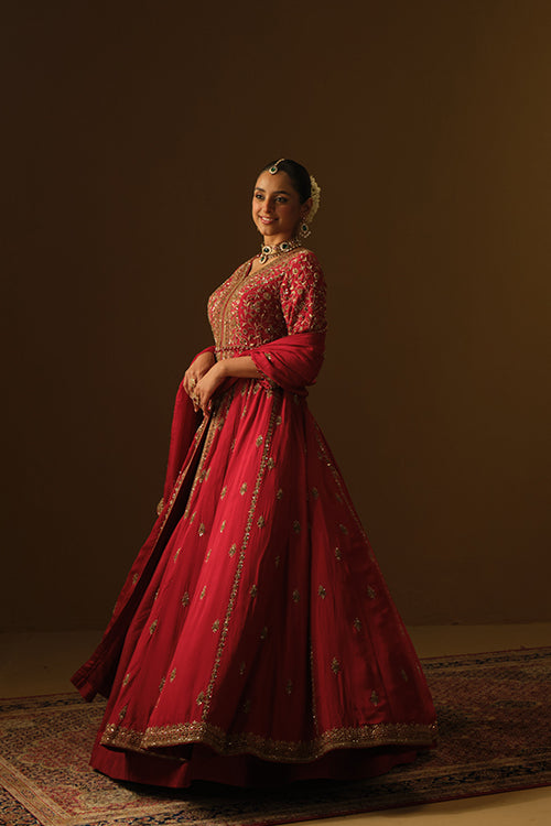 Red Front slit jacket with lehanga
