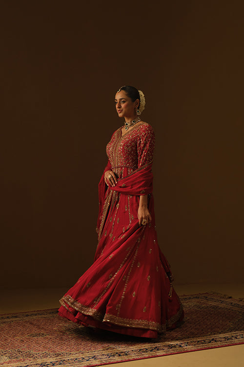 Red Front slit jacket with lehanga