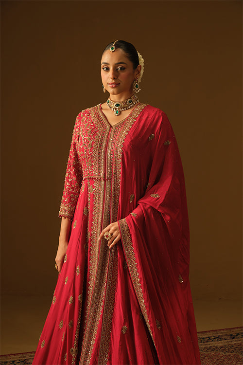 Red Front slit jacket with lehanga
