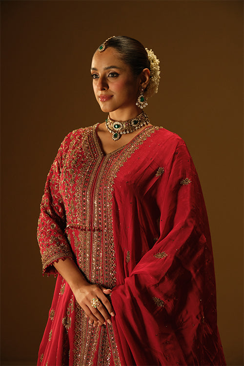 Red Front slit jacket with lehanga