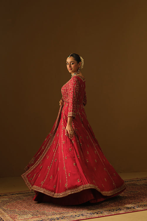 Red Front slit jacket with lehanga