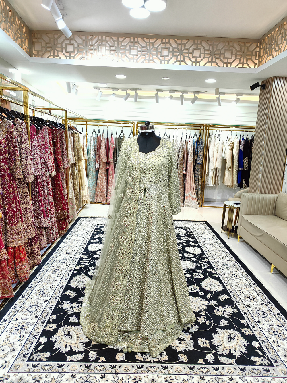 Mint Mirror Work Jacket Lehenga