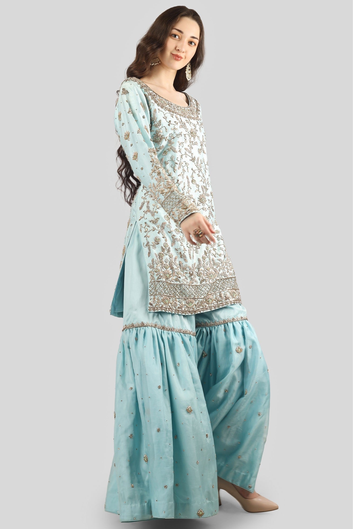 Sky Blue Kameez and Gharara Set with Dupatta