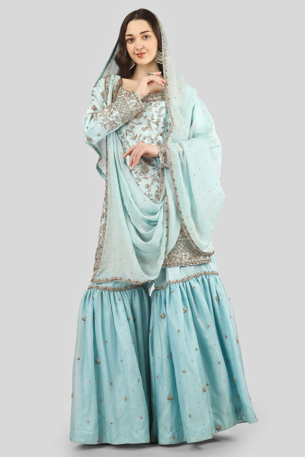 Sky Blue Kameez and Gharara Set with Dupatta