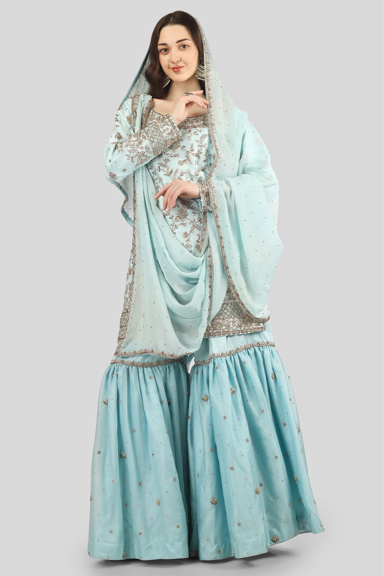 Sky Blue Kameez and Gharara Set with Dupatta