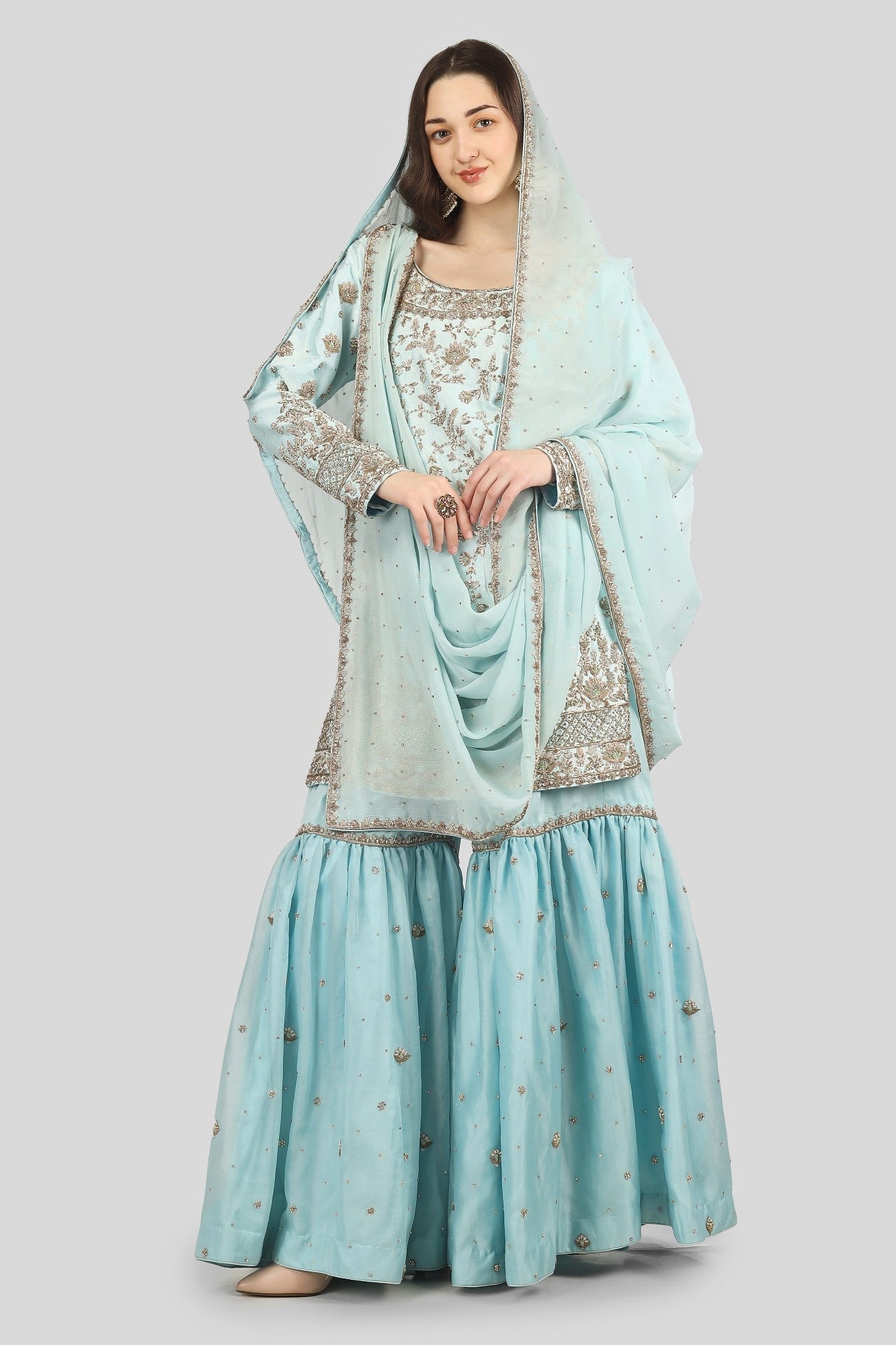 Sky Blue Kameez and Gharara Set with Dupatta