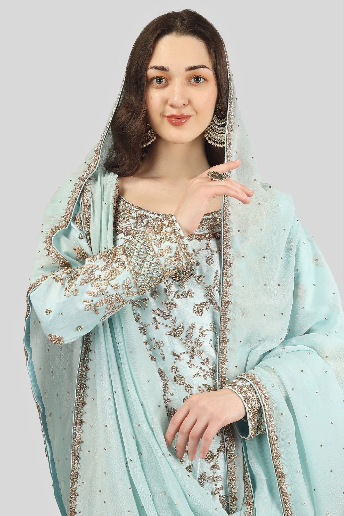 Sky Blue Kameez and Gharara Set with Dupatta