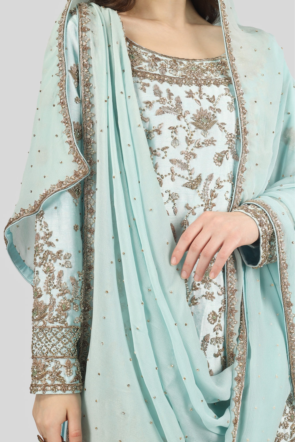 Sky Blue Kameez and Gharara Set with Dupatta
