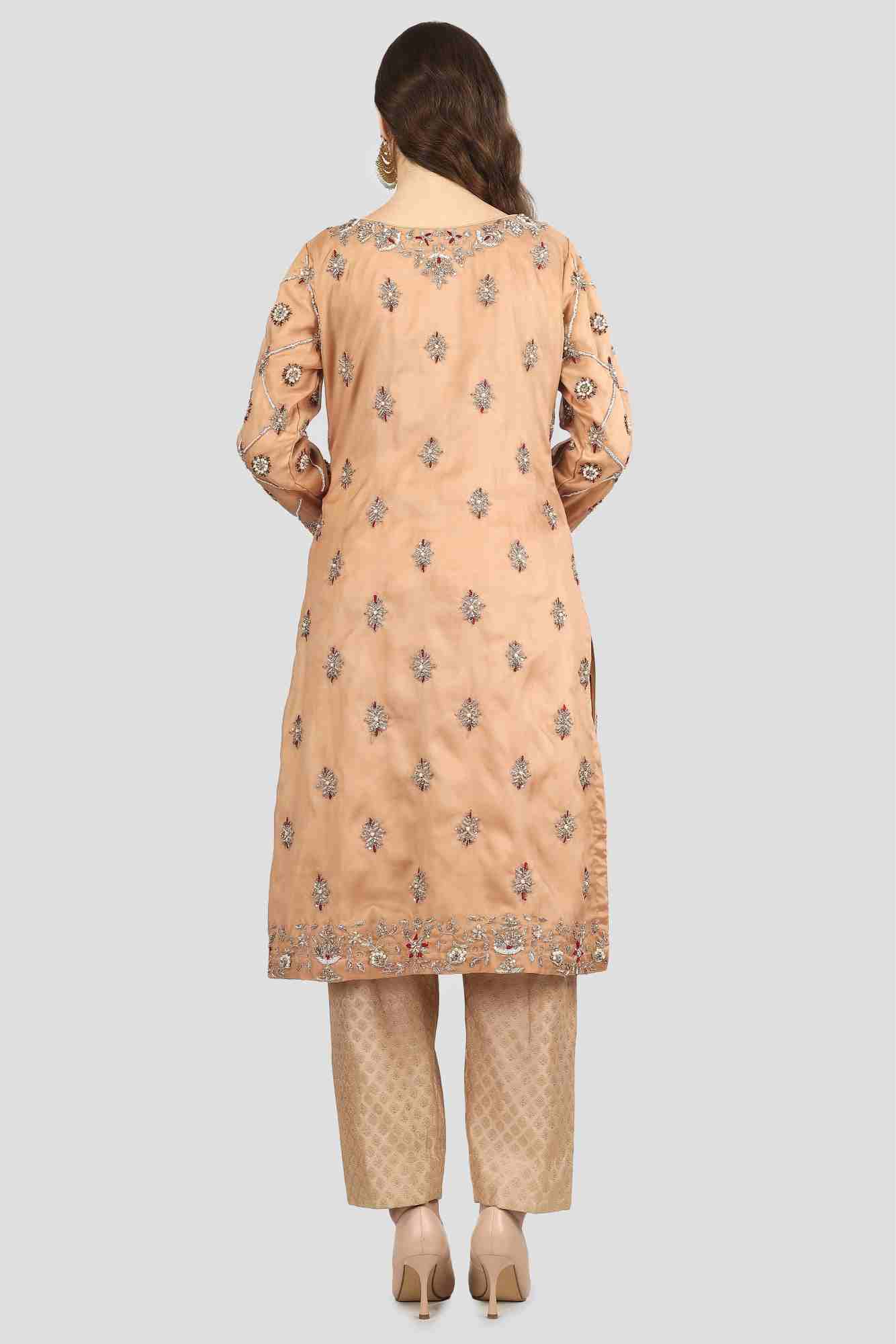 Nude Beige Kameez Trouser Set with Dupatta