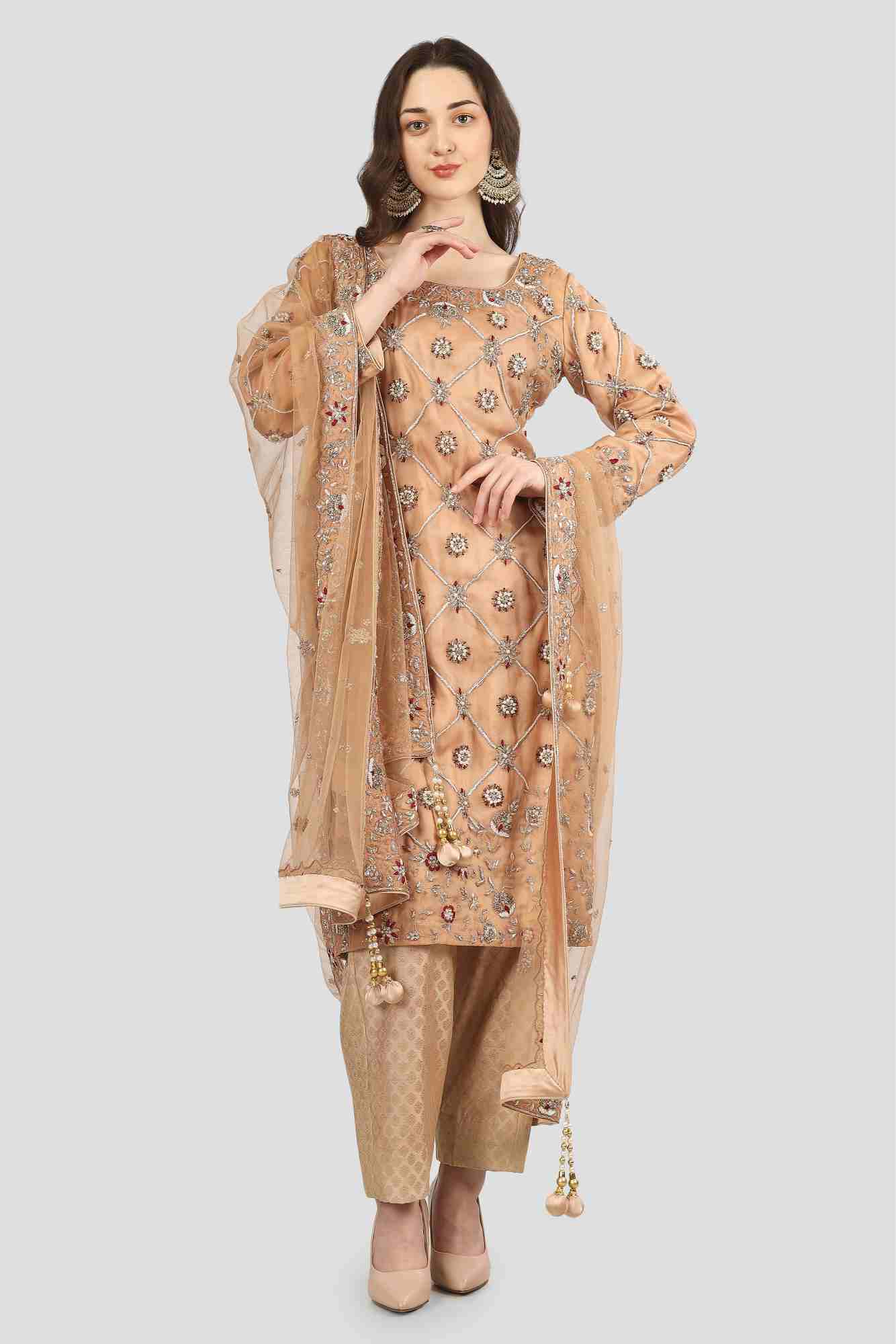 Nude Beige Kameez Trouser Set with Dupatta