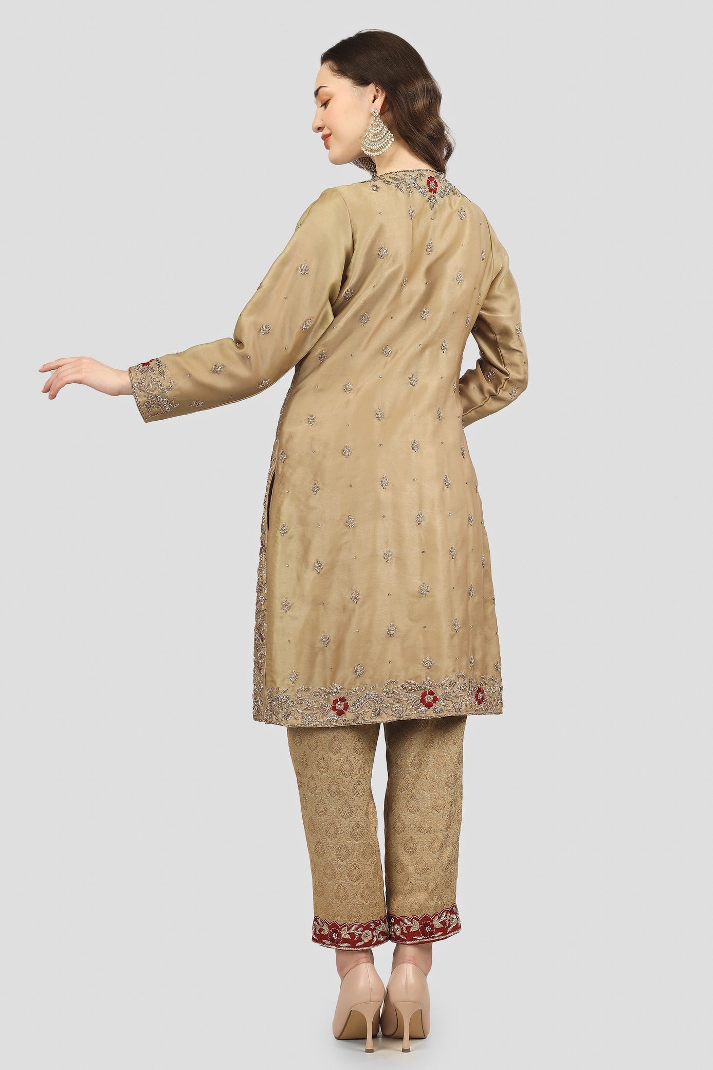 Gold and Bronze Kameez Trouser Set with Dupatta