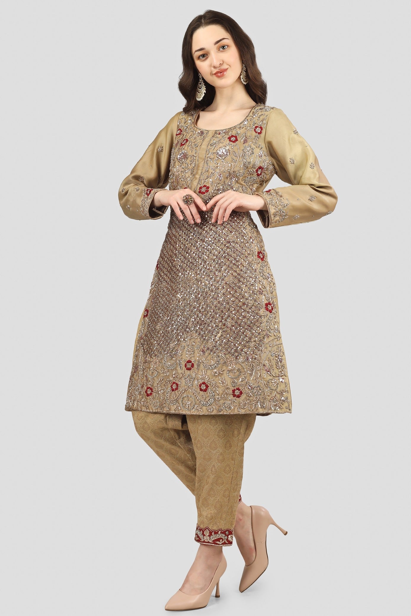 Gold and Bronze Kameez Trouser Set with Dupatta