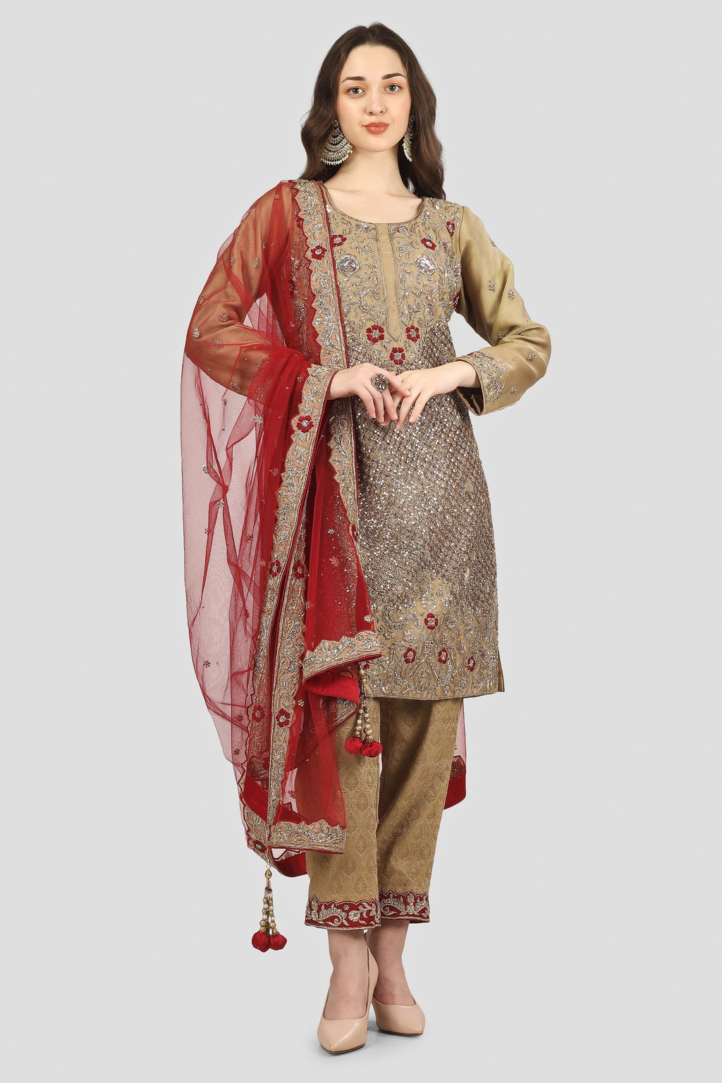 Gold and Bronze Kameez Trouser Set with Dupatta