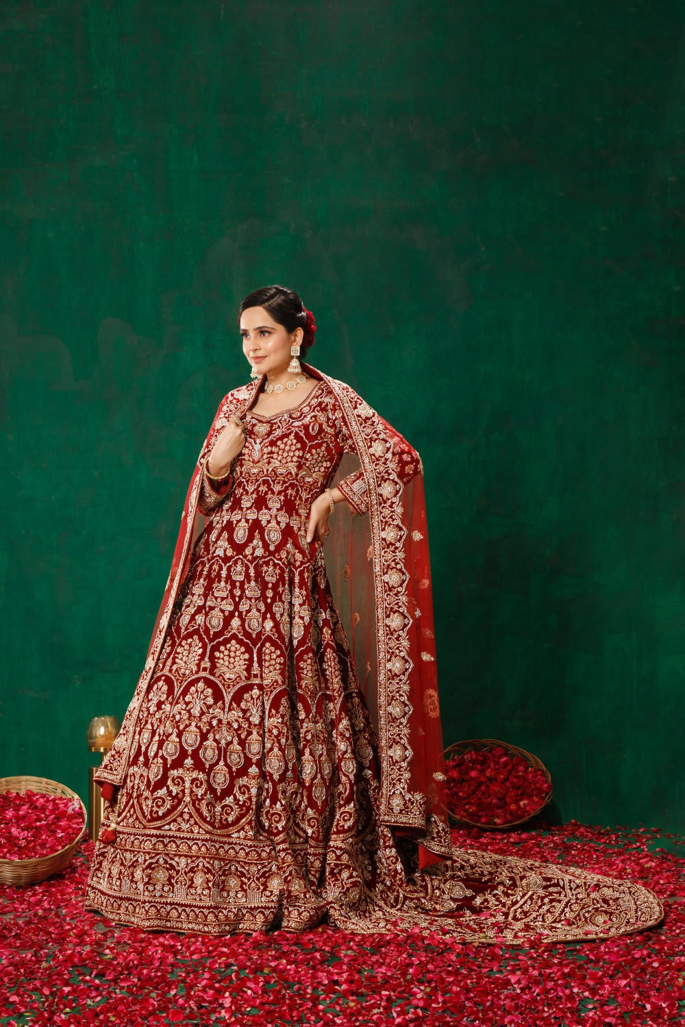 Maroon One Piece Gown Trail Dupatta