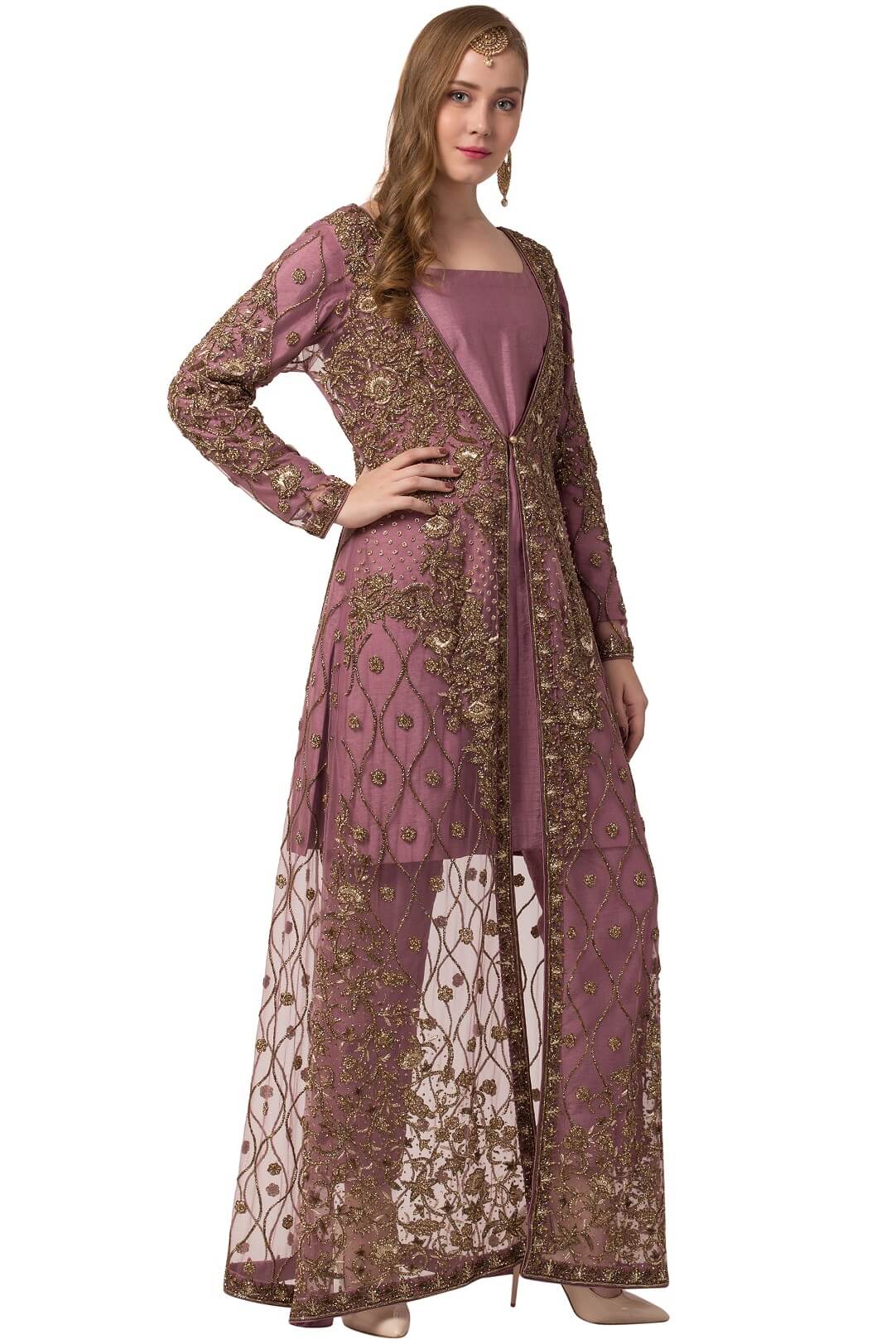 Mauve Embroidered Shrug Suit
