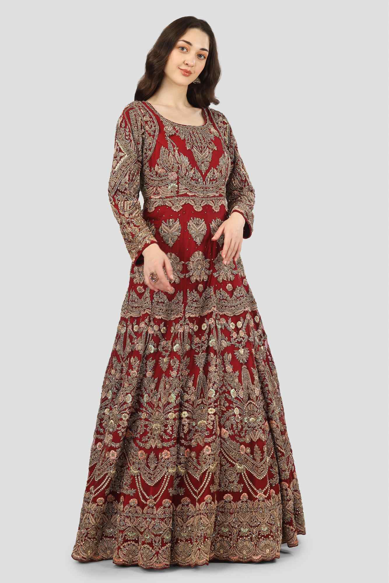 Deep Wine Red Antique Gown with Dupatta