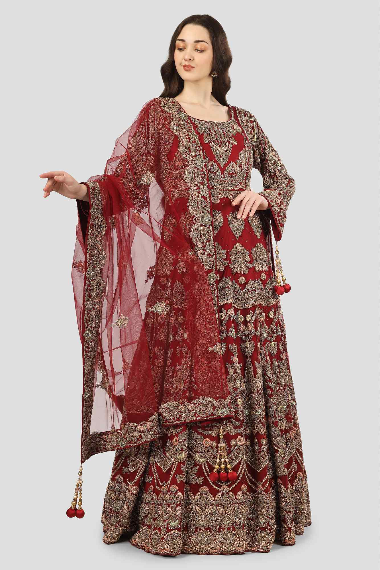 Deep Wine Red Antique Gown with Dupatta