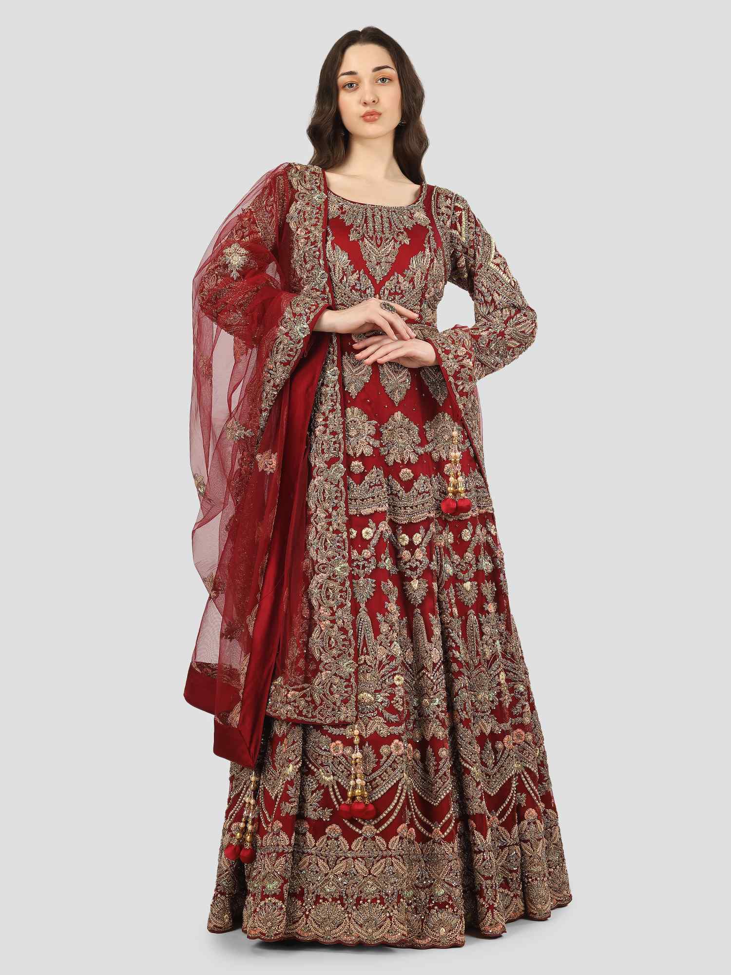 Deep Wine Red Antique Gown with Dupatta