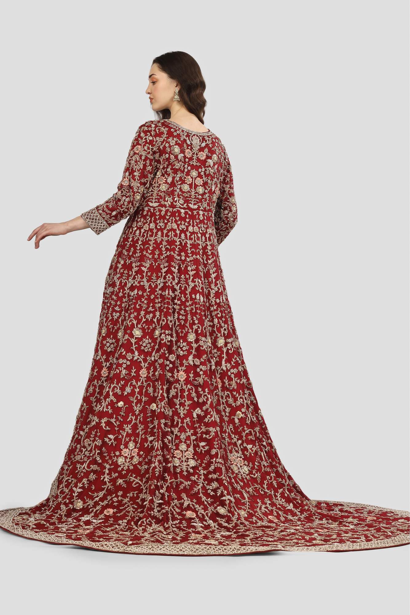 Deep Red (Crimson) Peplum Lehenga with a Trail