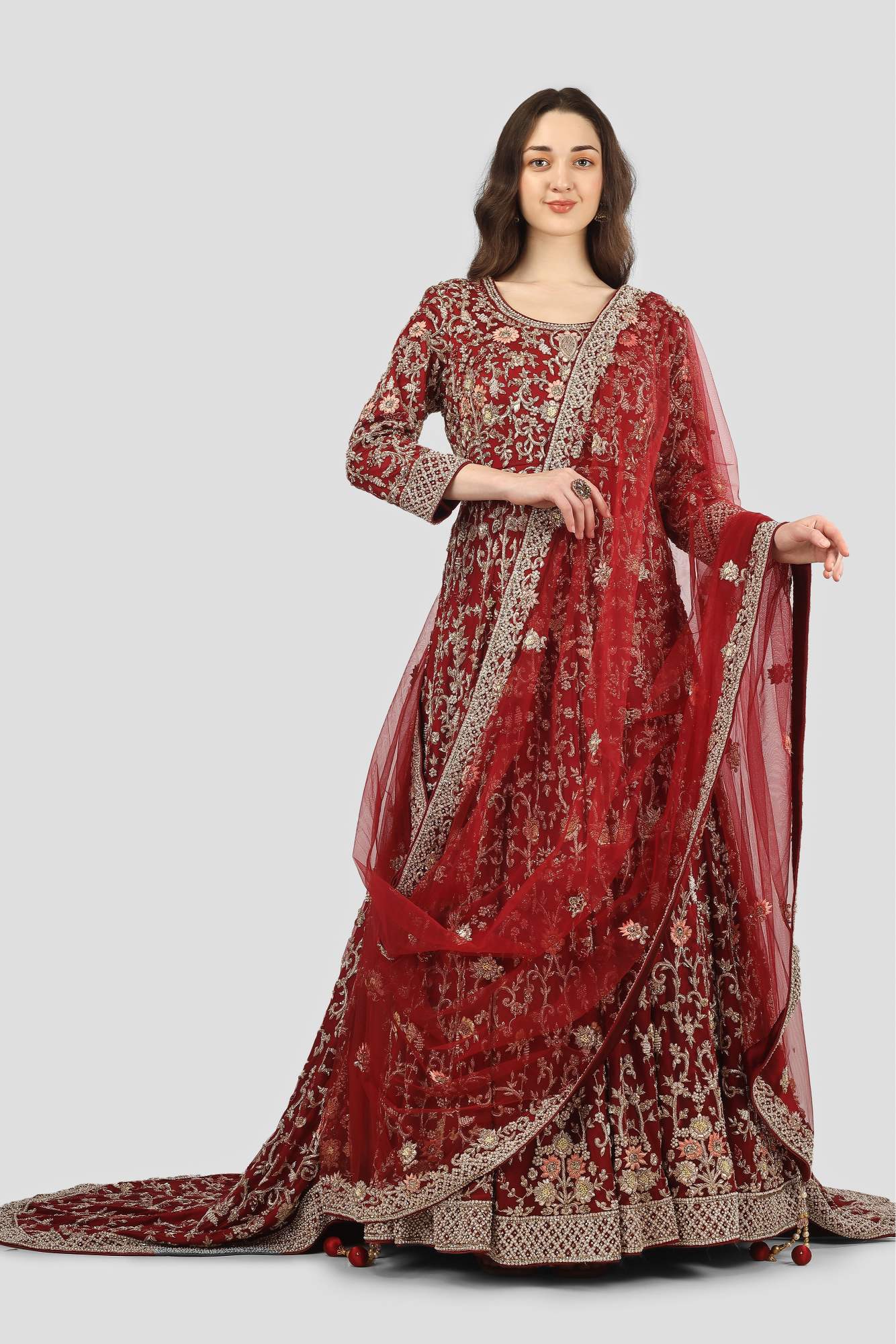 Deep Red (Crimson) Peplum Lehenga with a Trail