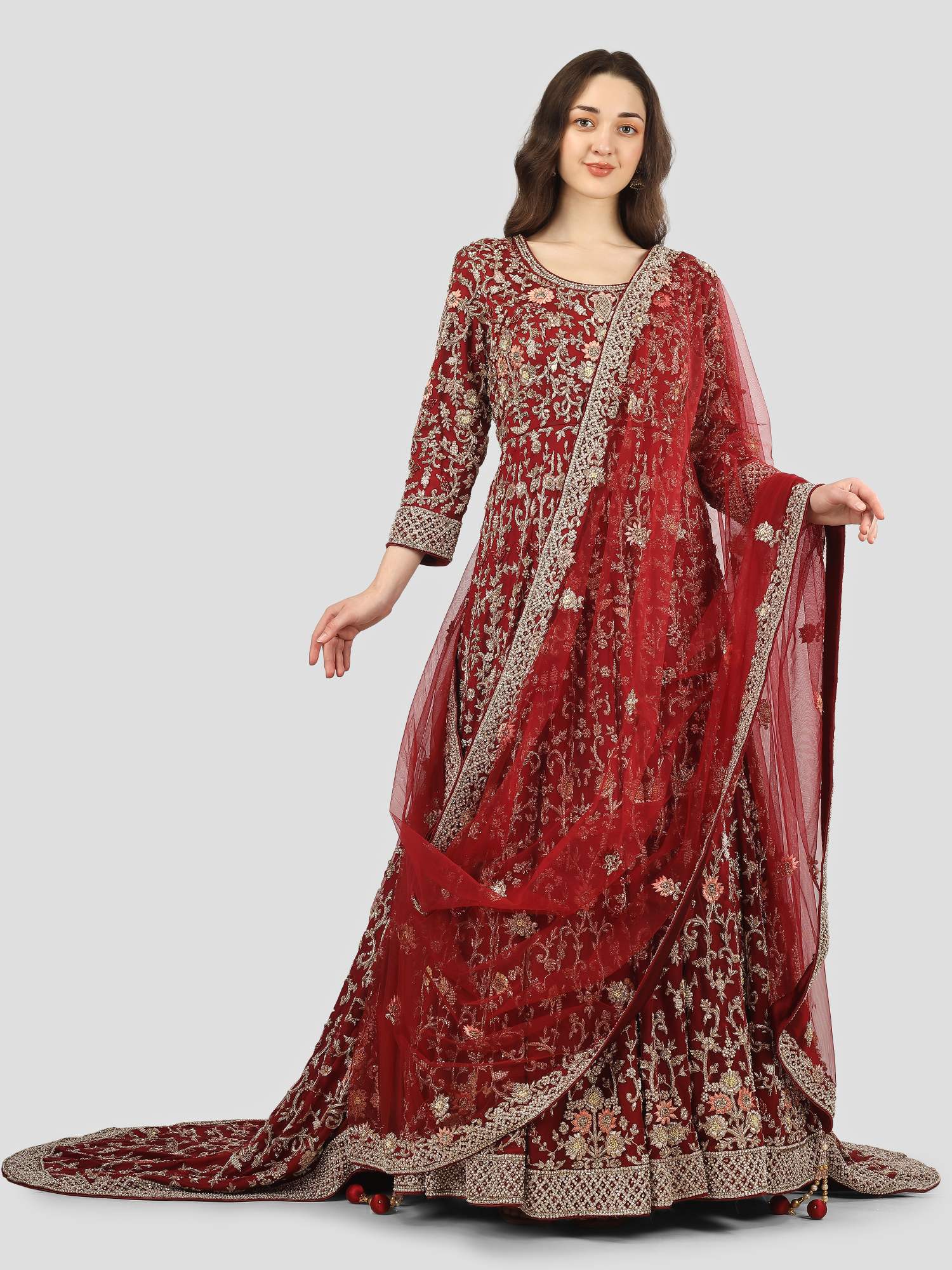 Deep Red (Crimson) Peplum Lehenga with a Trail