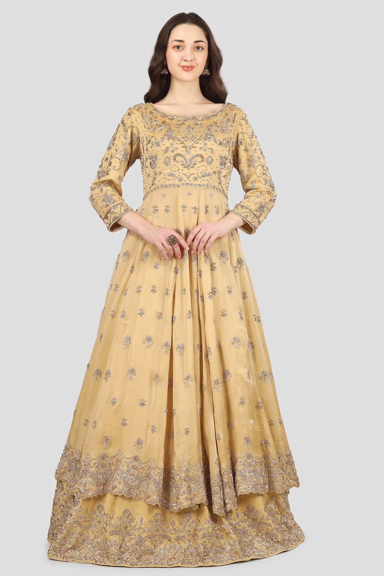Double Layer Anarkali in Golden Beige and Rich Red