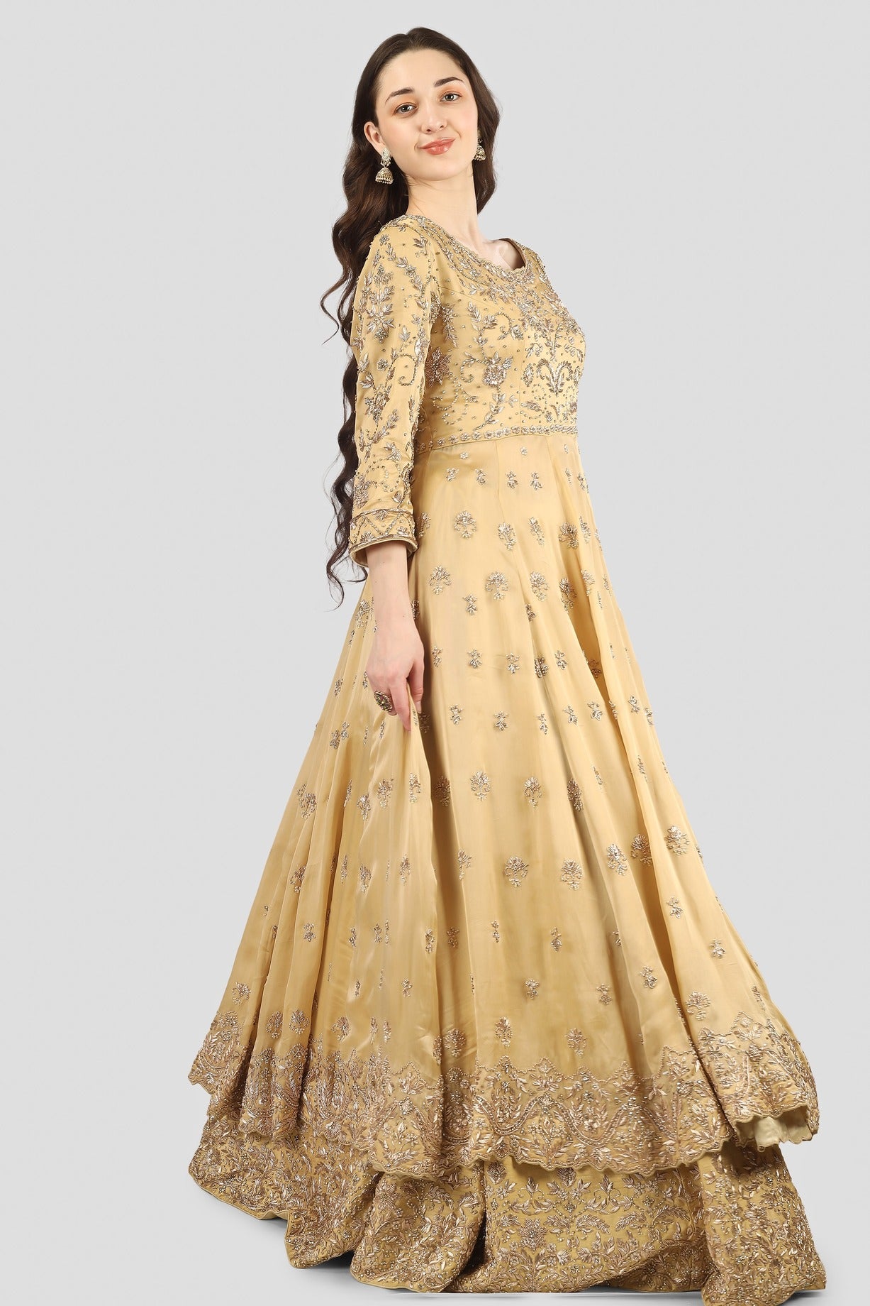 Double Layer Anarkali in Golden Beige and Rich Red
