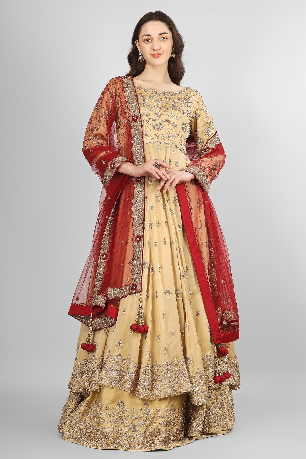 Double Layer Anarkali in Golden Beige and Rich Red