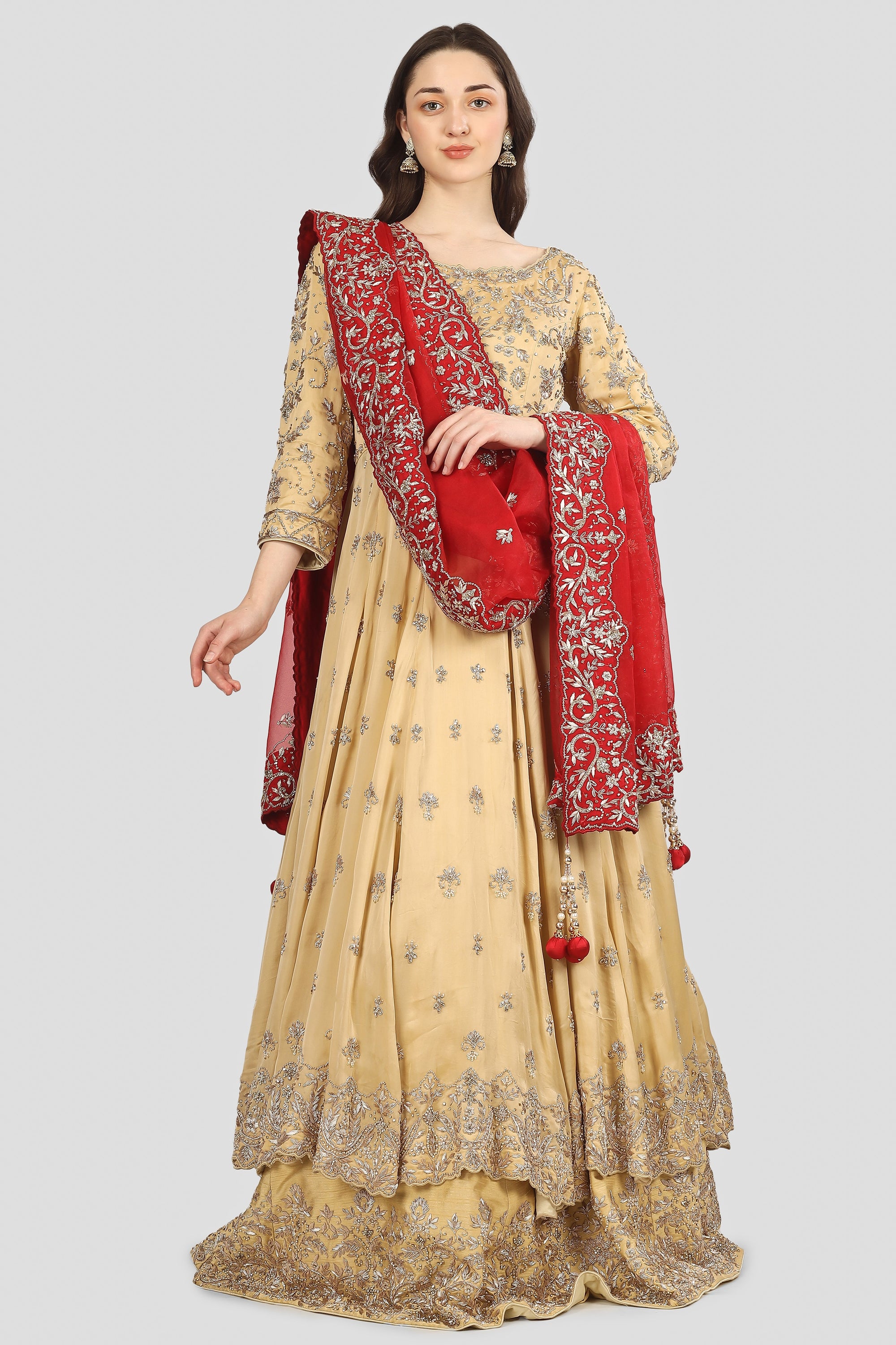 Golden and Red Double Layer Anarkali with Dupatta